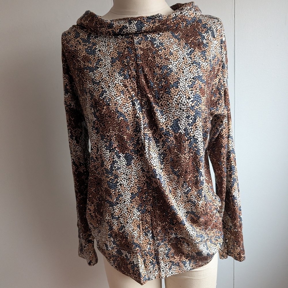 Women's Brown Multi-Spot Long Sleeve Cowl Neck Top